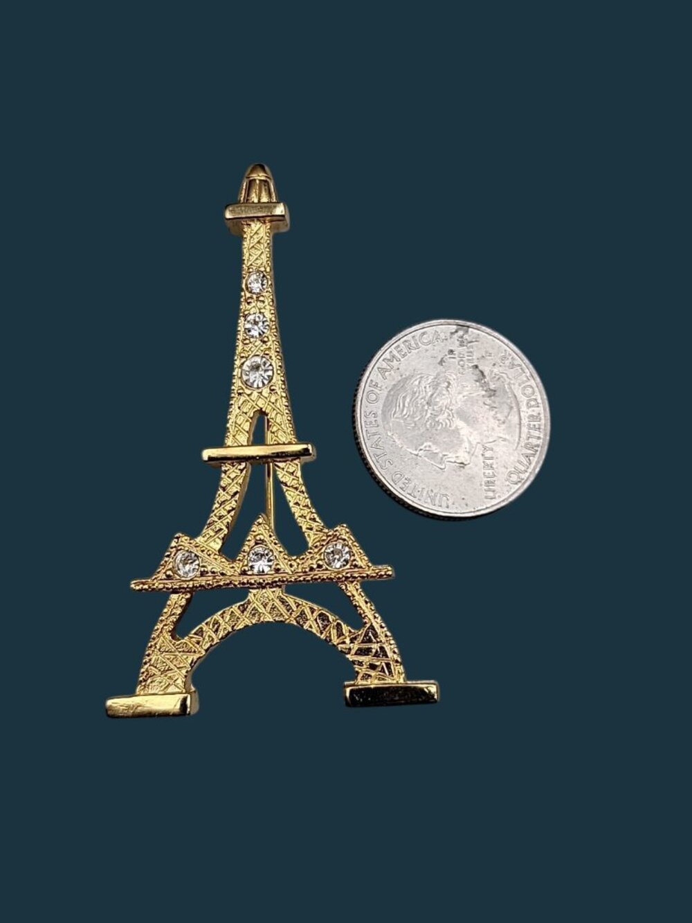 Vintage Rhinestone Eiffel Tower Brooch Gold Tone Open Work Cross Stitch Paris - Picture 2 of 7